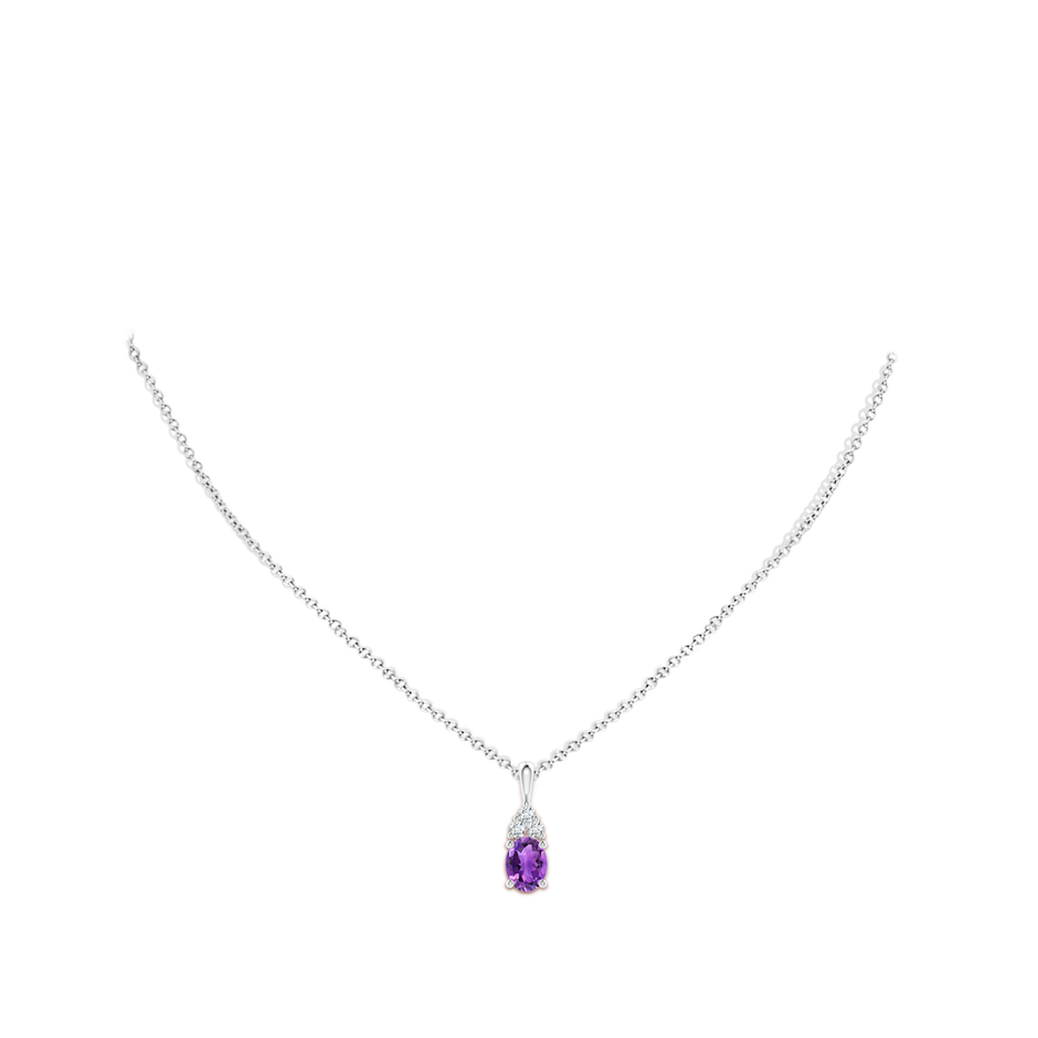 8x6mm AAA Oval Amethyst Solitaire Pendant with Trio Diamond in White Gold body-neck