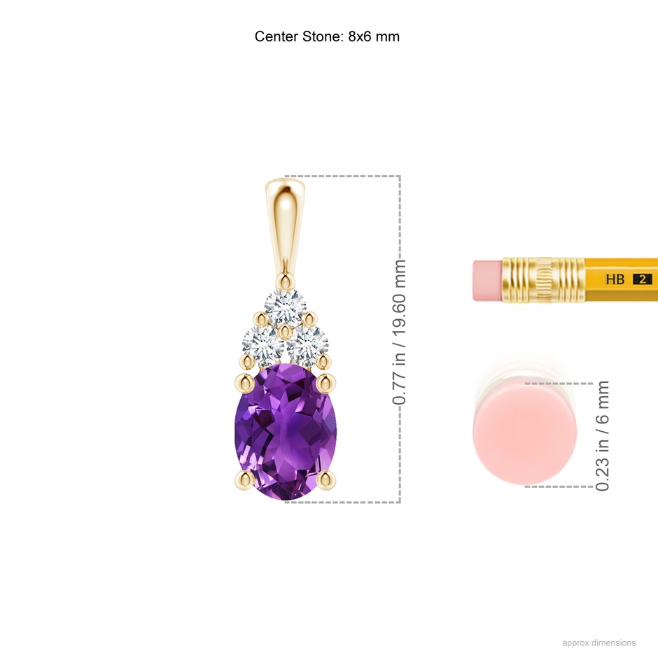 8x6mm AAAA Oval Amethyst Solitaire Pendant with Trio Diamond in Yellow Gold ruler