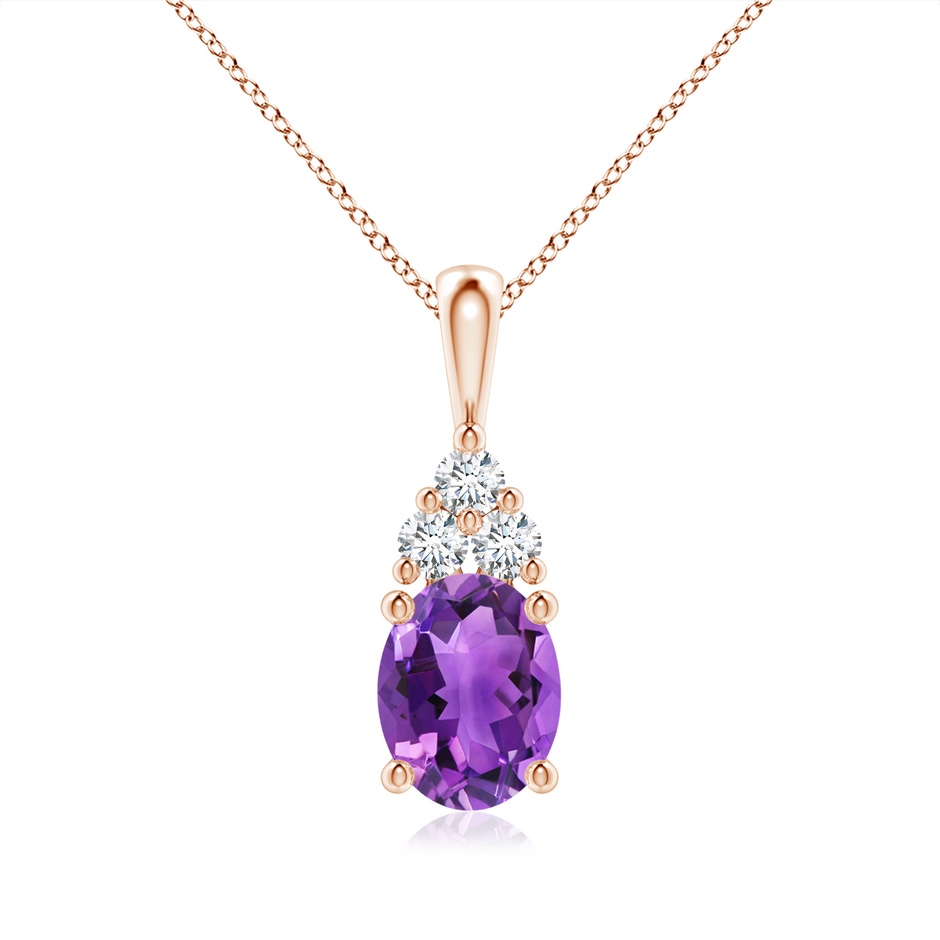 9x7mm AAA Oval Amethyst Solitaire Pendant with Trio Diamond in Rose Gold 