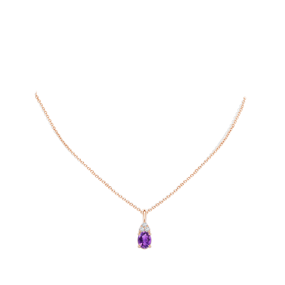 9x7mm AAA Oval Amethyst Solitaire Pendant with Trio Diamond in Rose Gold body-neck