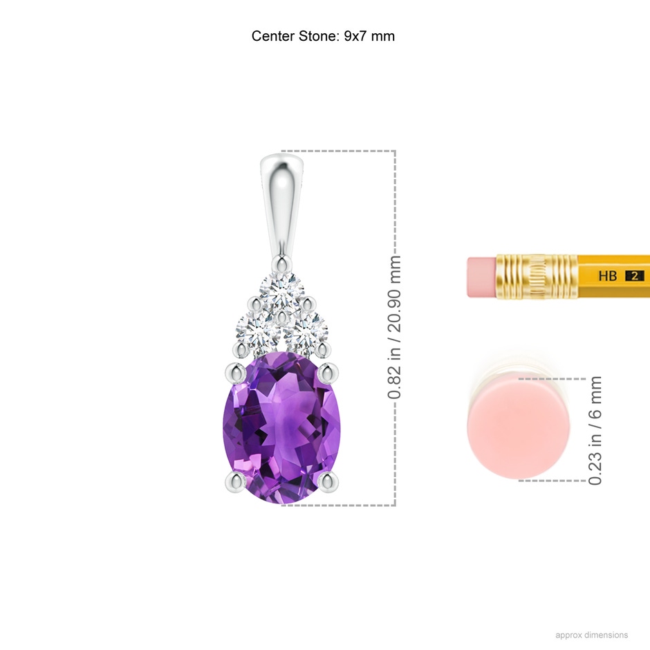 9x7mm AAA Oval Amethyst Solitaire Pendant with Trio Diamond in White Gold ruler