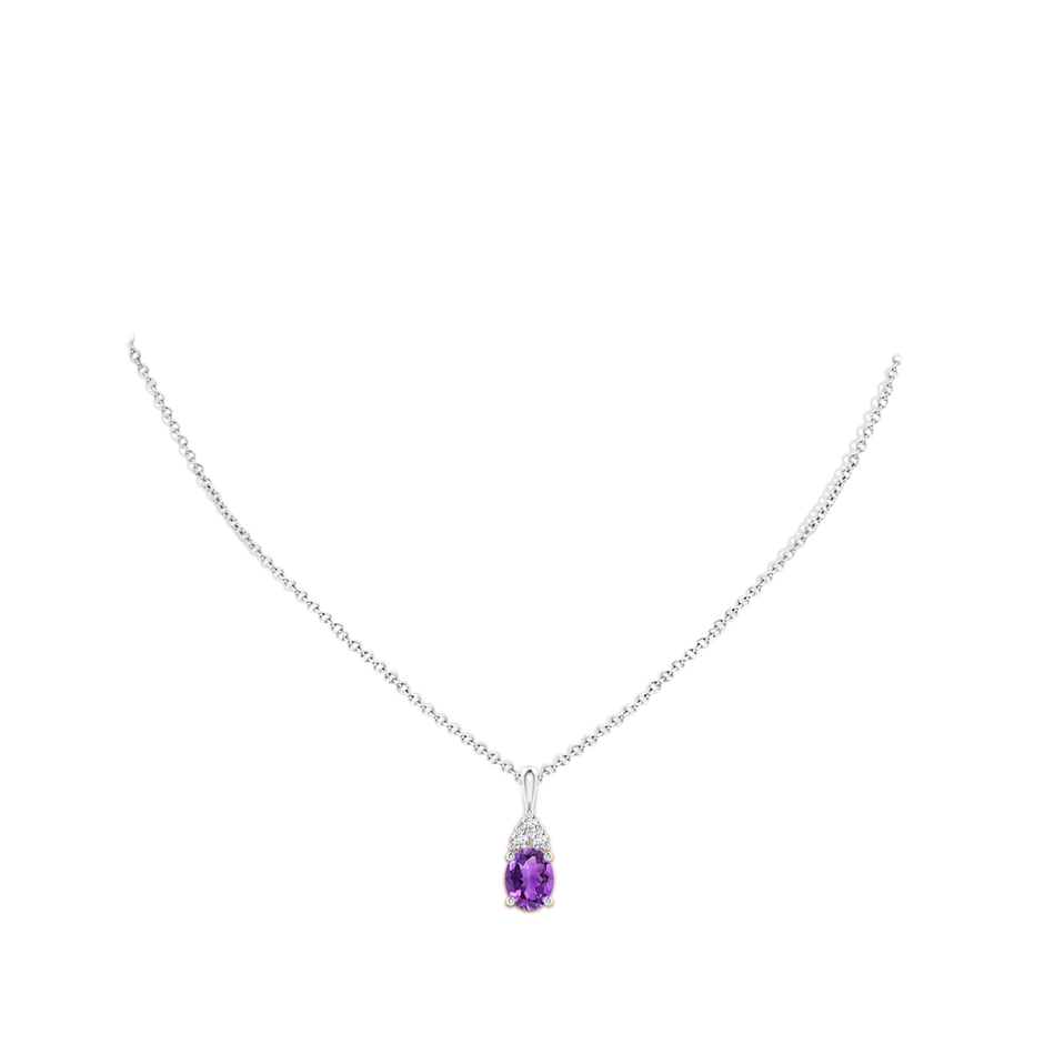 9x7mm AAA Oval Amethyst Solitaire Pendant with Trio Diamond in White Gold body-neck