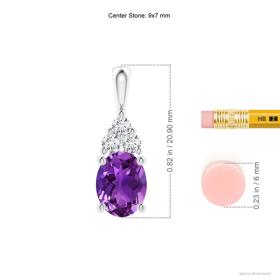 9x7mm AAAA Oval Amethyst Solitaire Pendant with Trio Diamond in P950 Platinum ruler