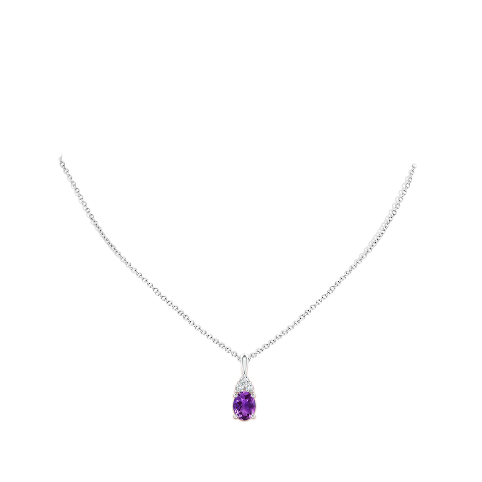 9x7mm AAAA Oval Amethyst Solitaire Pendant with Trio Diamond in White Gold body-neck