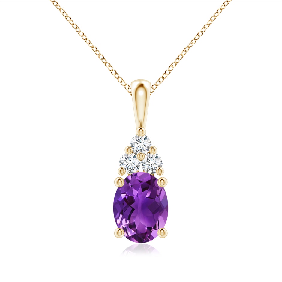 9x7mm AAAA Oval Amethyst Solitaire Pendant with Trio Diamond in Yellow Gold 