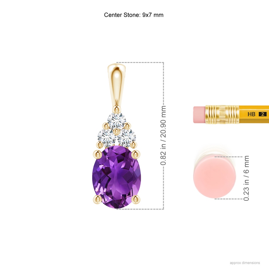 9x7mm AAAA Oval Amethyst Solitaire Pendant with Trio Diamond in Yellow Gold ruler