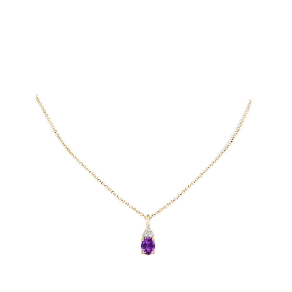 9x7mm AAAA Oval Amethyst Solitaire Pendant with Trio Diamond in Yellow Gold body-neck