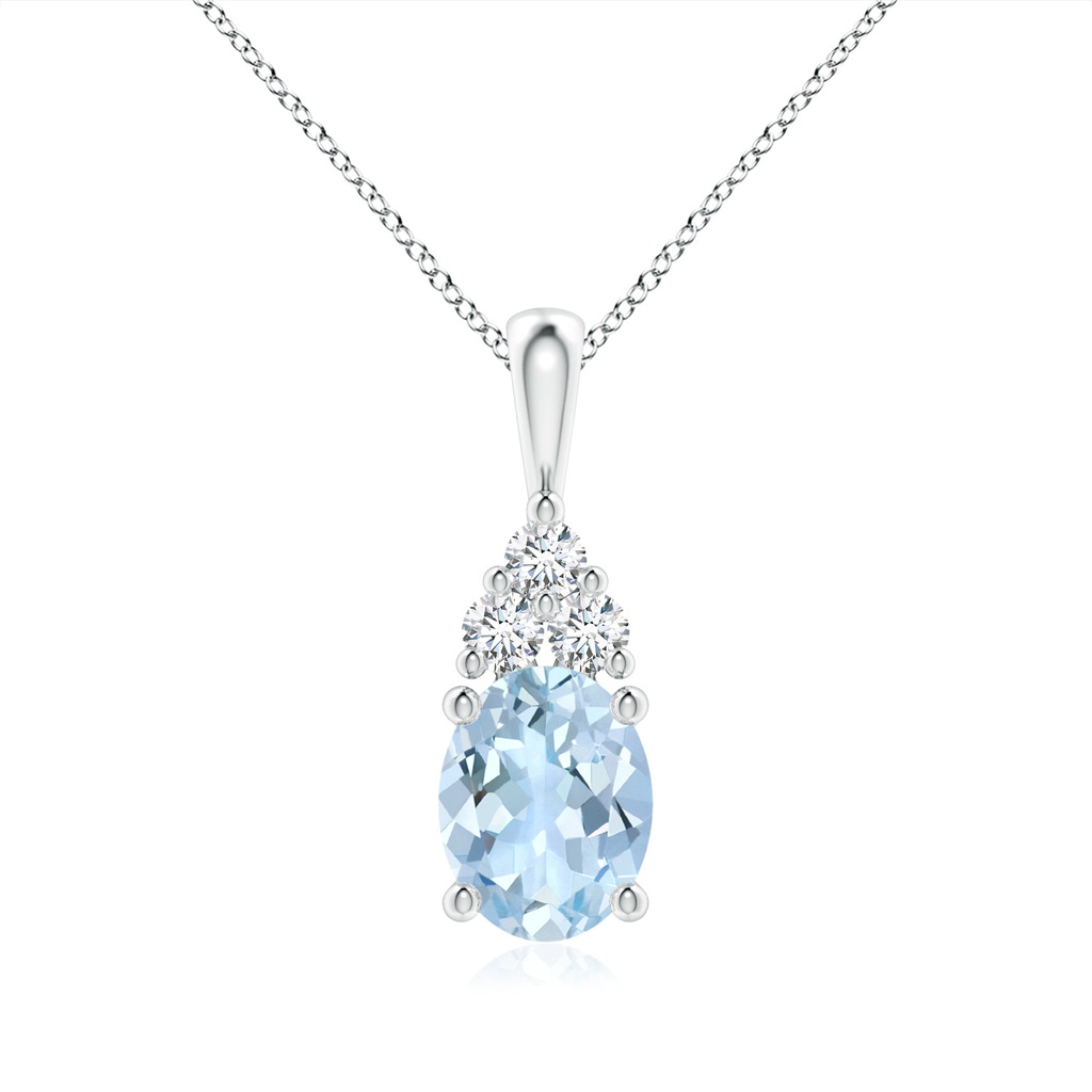 9x7mm AA Oval Aquamarine Solitaire Pendant with Trio Diamond in White Gold