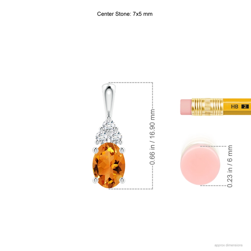 7x5mm AAA Oval Citrine Solitaire Pendant with Trio Diamond in White Gold Ruler
