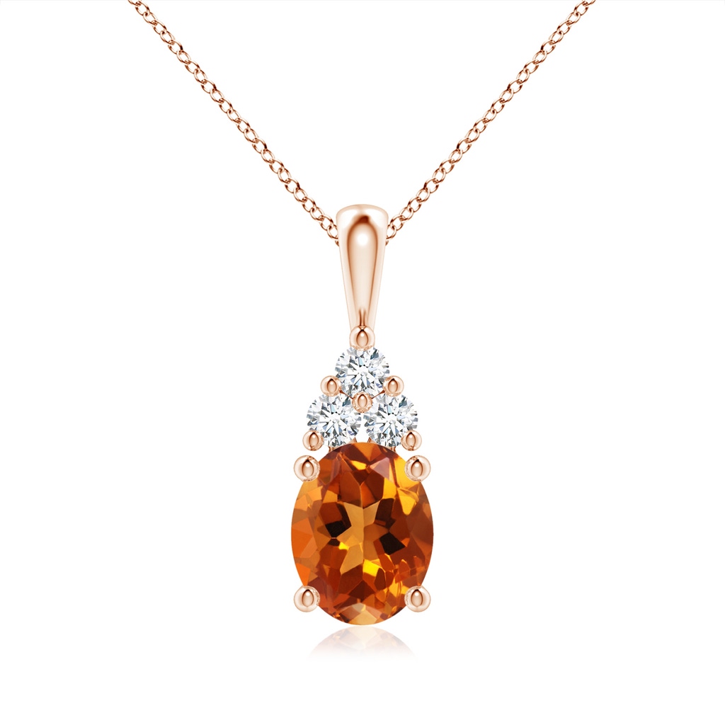 9x7mm AAAA Oval Citrine Solitaire Pendant with Trio Diamond in Rose Gold
