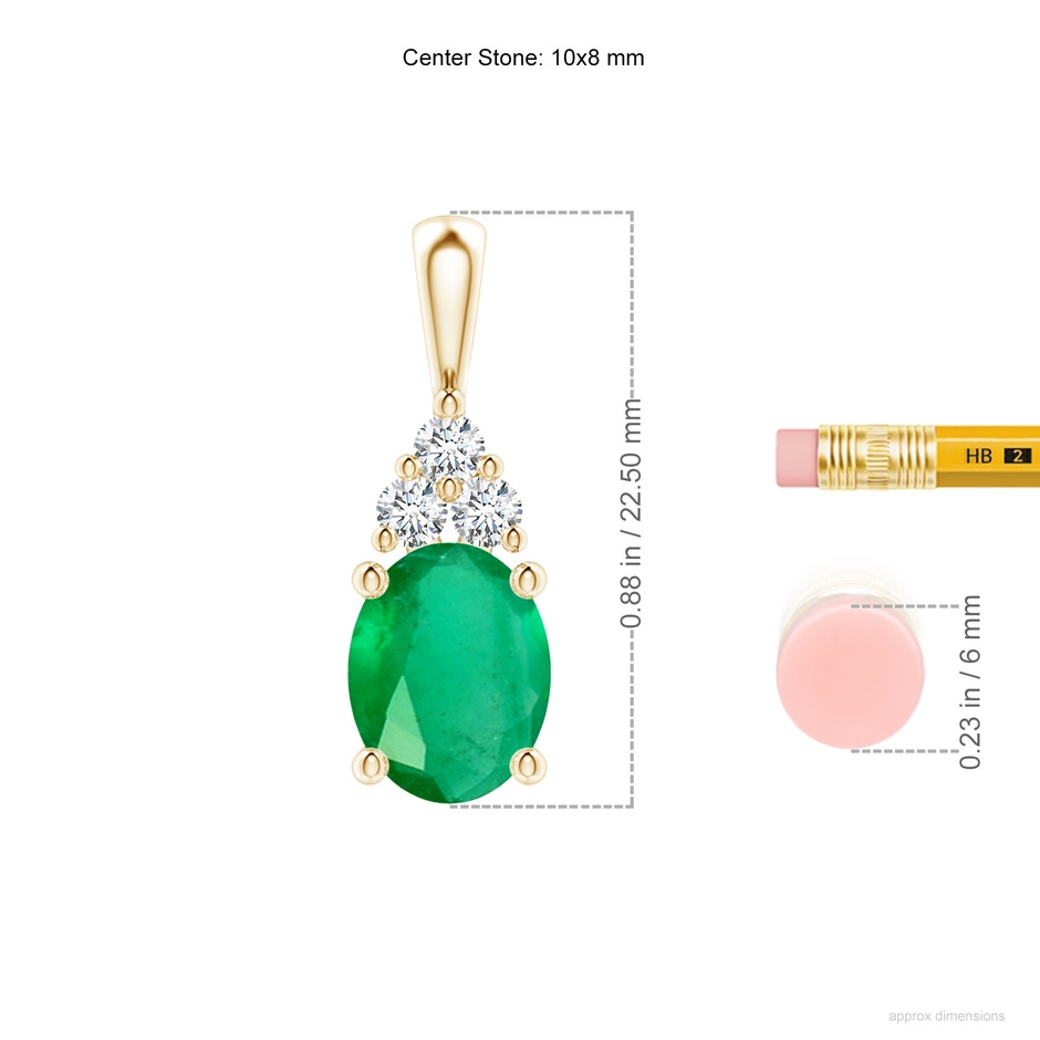 10x8mm A Oval Emerald Solitaire Pendant with Trio Diamond in Yellow Gold ruler