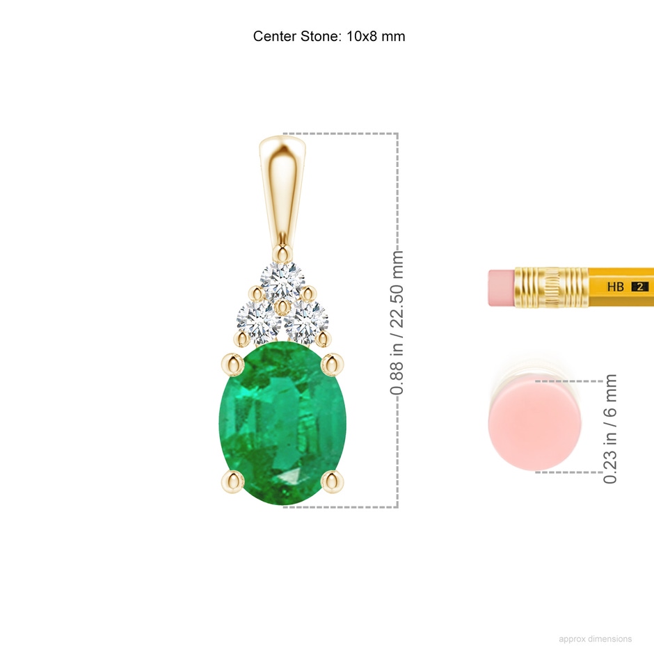 10x8mm AA Oval Emerald Solitaire Pendant with Trio Diamond in Yellow Gold ruler