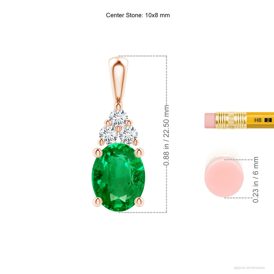 10x8mm AAA Oval Emerald Solitaire Pendant with Trio Diamond in Rose Gold ruler