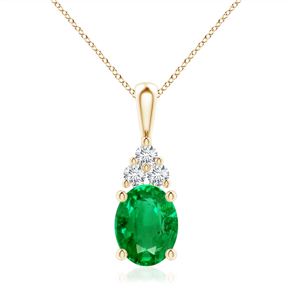 10x8mm AAA Oval Emerald Solitaire Pendant with Trio Diamond in Yellow Gold 