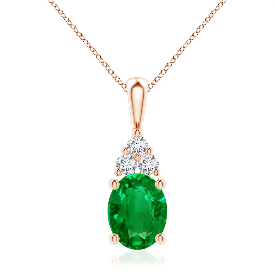 10x8mm AAAA Oval Emerald Solitaire Pendant with Trio Diamond in Rose Gold 