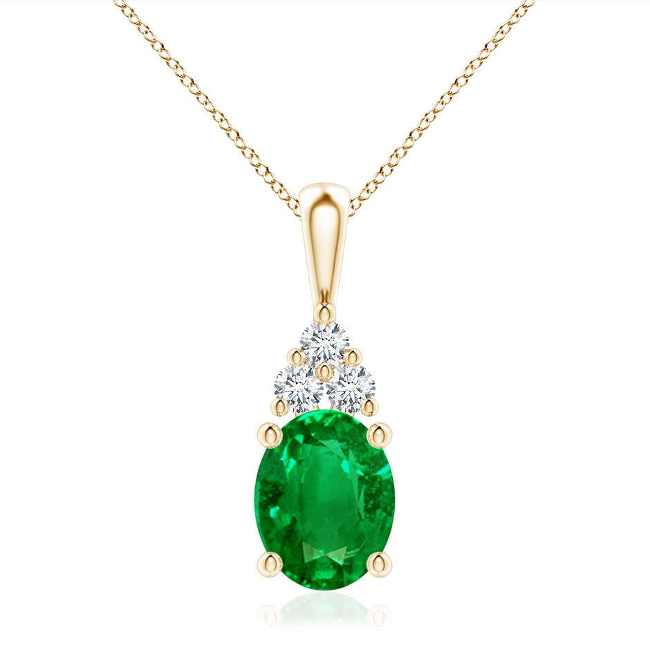 10x8mm AAAA Oval Emerald Solitaire Pendant with Trio Diamond in Yellow Gold 