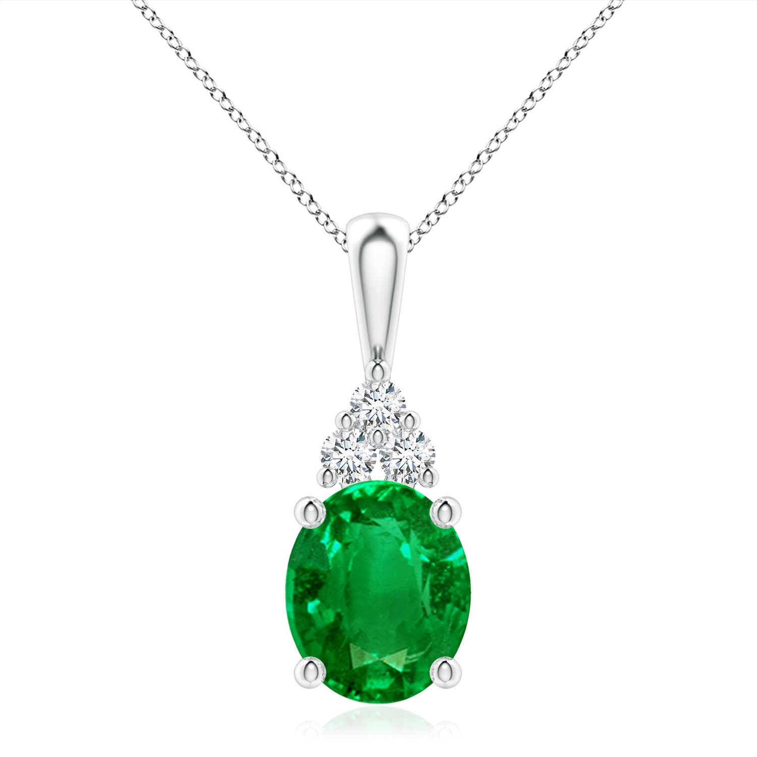 Angara 4.83 CTW Oval Emerald Solitaire Pendant with Trio Diamond in 18K White Gold