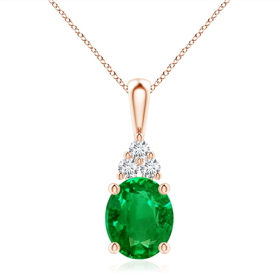 12x10mm AAAA Oval Emerald Solitaire Pendant with Trio Diamond in Rose Gold 