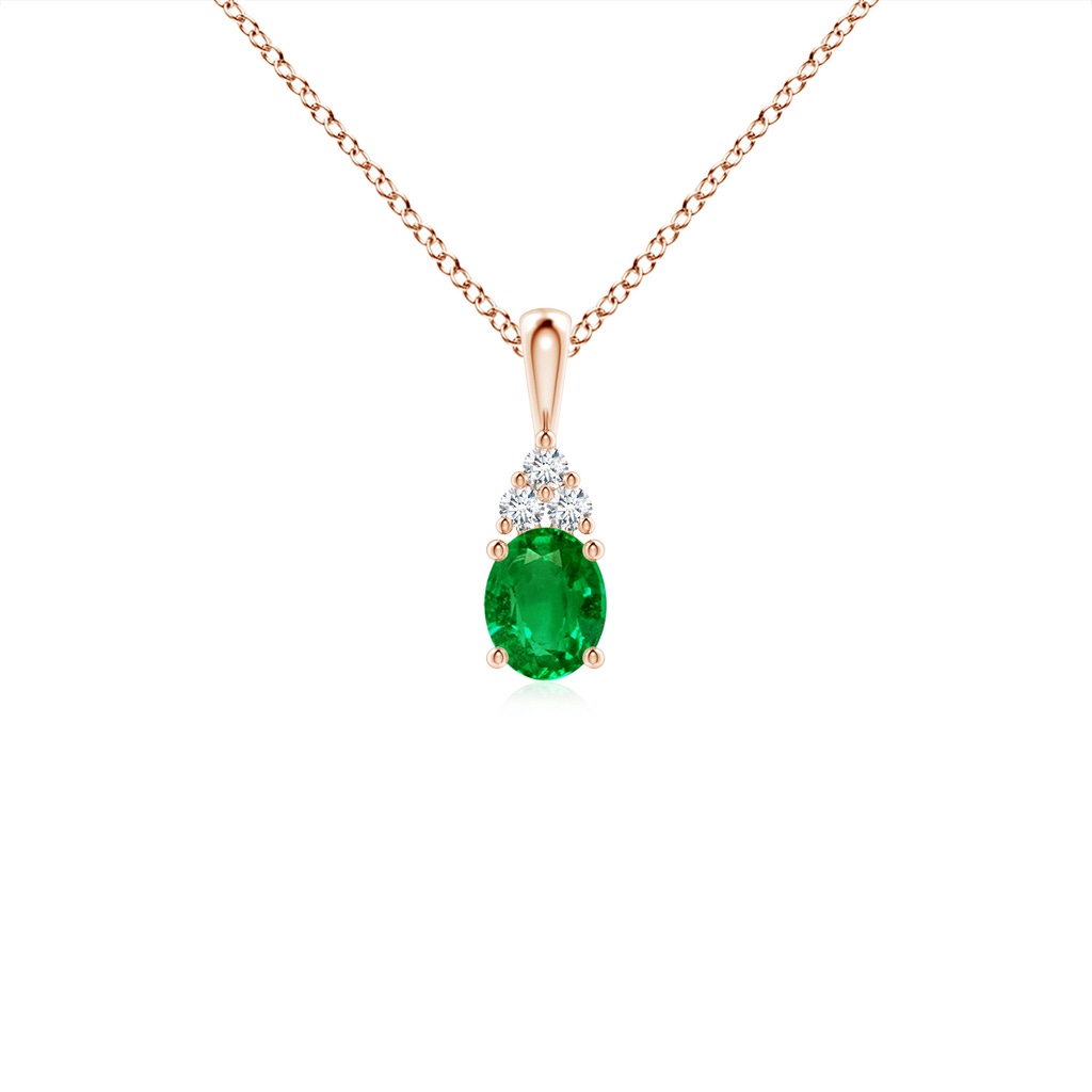 5x4mm AAAA Oval Emerald Solitaire Pendant with Trio Diamond in Rose Gold