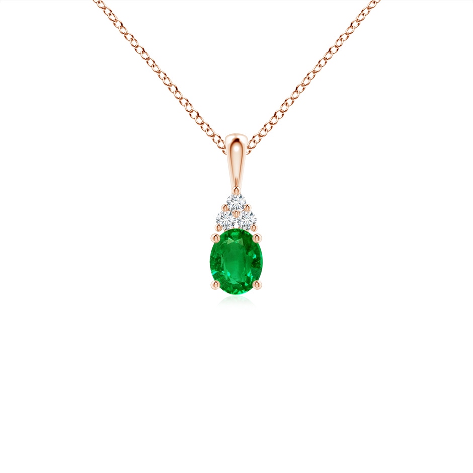 5x4mm AAAA Oval Emerald Solitaire Pendant with Trio Diamond in Rose Gold 