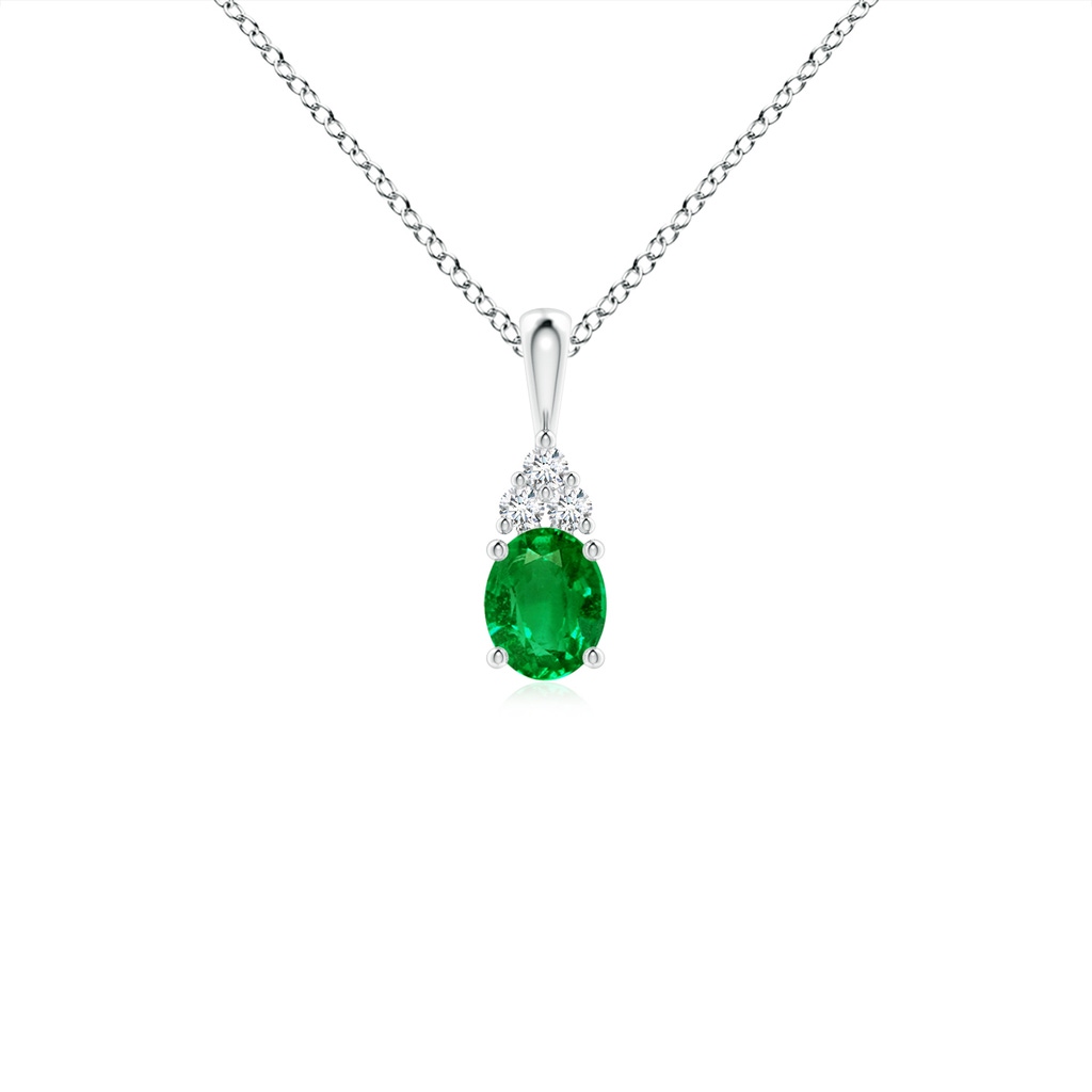 5x4mm AAAA Oval Emerald Solitaire Pendant with Trio Diamond in White Gold