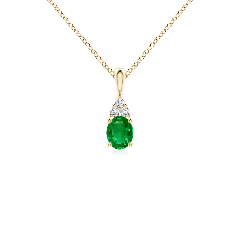 5x4mm AAAA Oval Emerald Solitaire Pendant with Trio Diamond in Yellow Gold