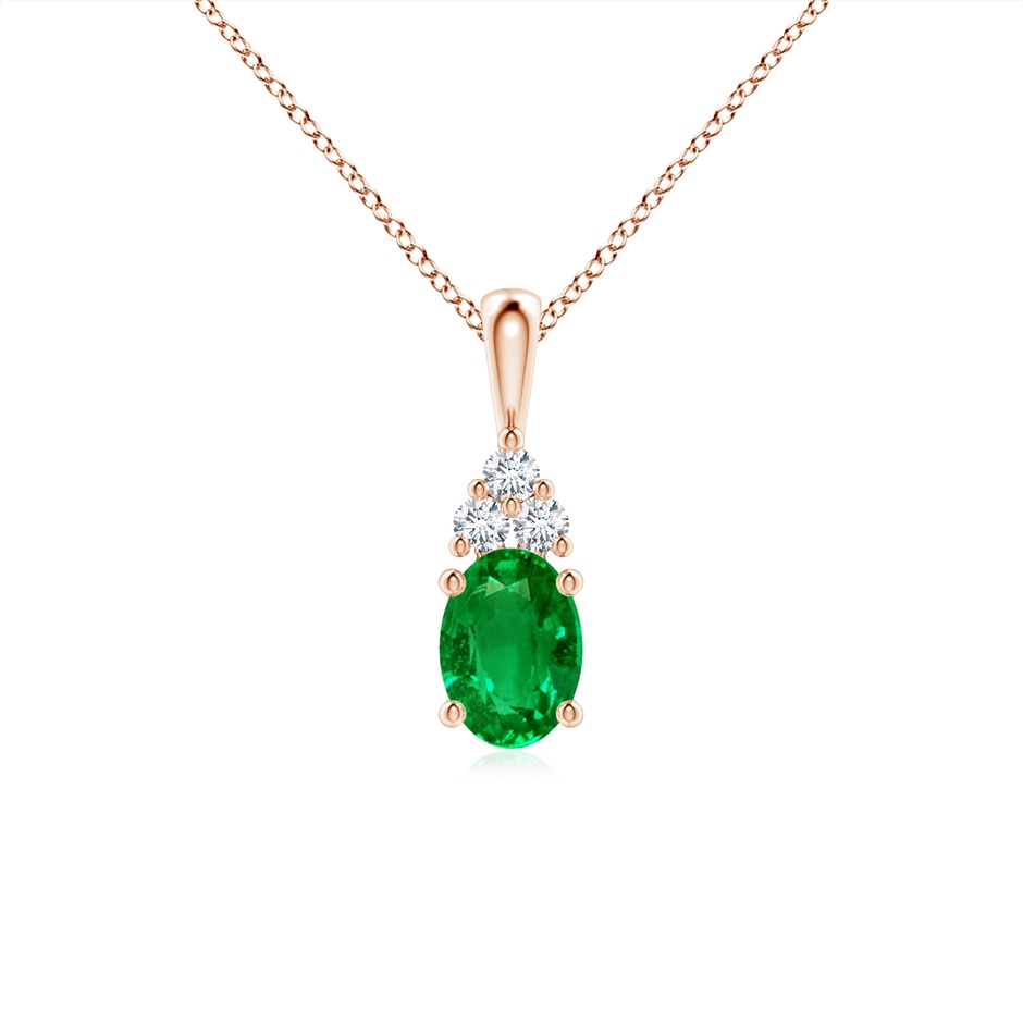 7x5mm AAAA Oval Emerald Solitaire Pendant with Trio Diamond in Rose Gold 