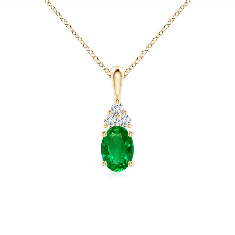 7x5mm AAAA Oval Emerald Solitaire Pendant with Trio Diamond in Yellow Gold 
