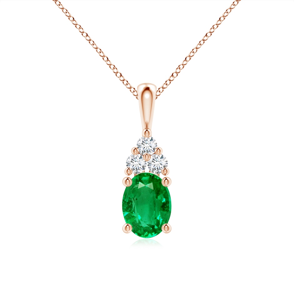 8x6mm AAA Oval Emerald Solitaire Pendant with Trio Diamond in Rose Gold 