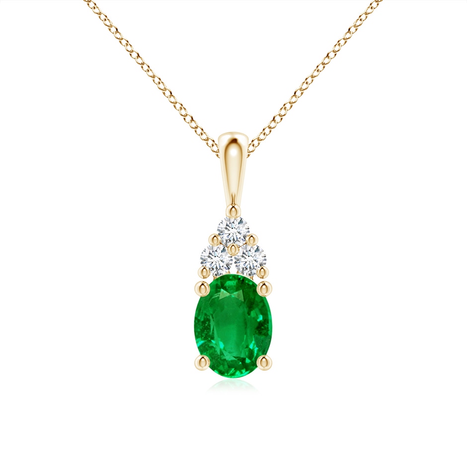 8x6mm AAAA Oval Emerald Solitaire Pendant with Trio Diamond in Yellow Gold 