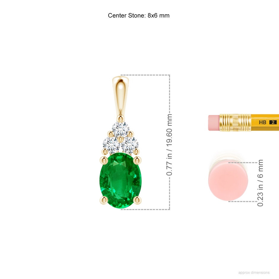 8x6mm AAAA Oval Emerald Solitaire Pendant with Trio Diamond in Yellow Gold ruler