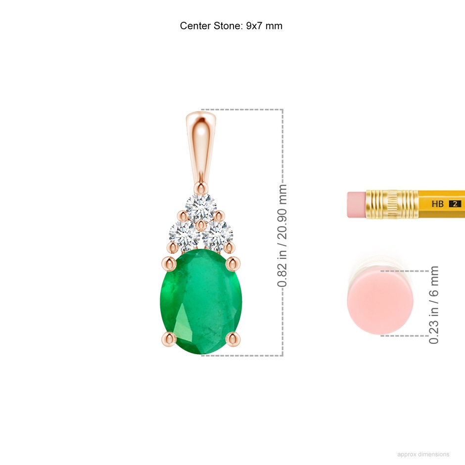 9x7mm A Oval Emerald Solitaire Pendant with Trio Diamond in Rose Gold ruler