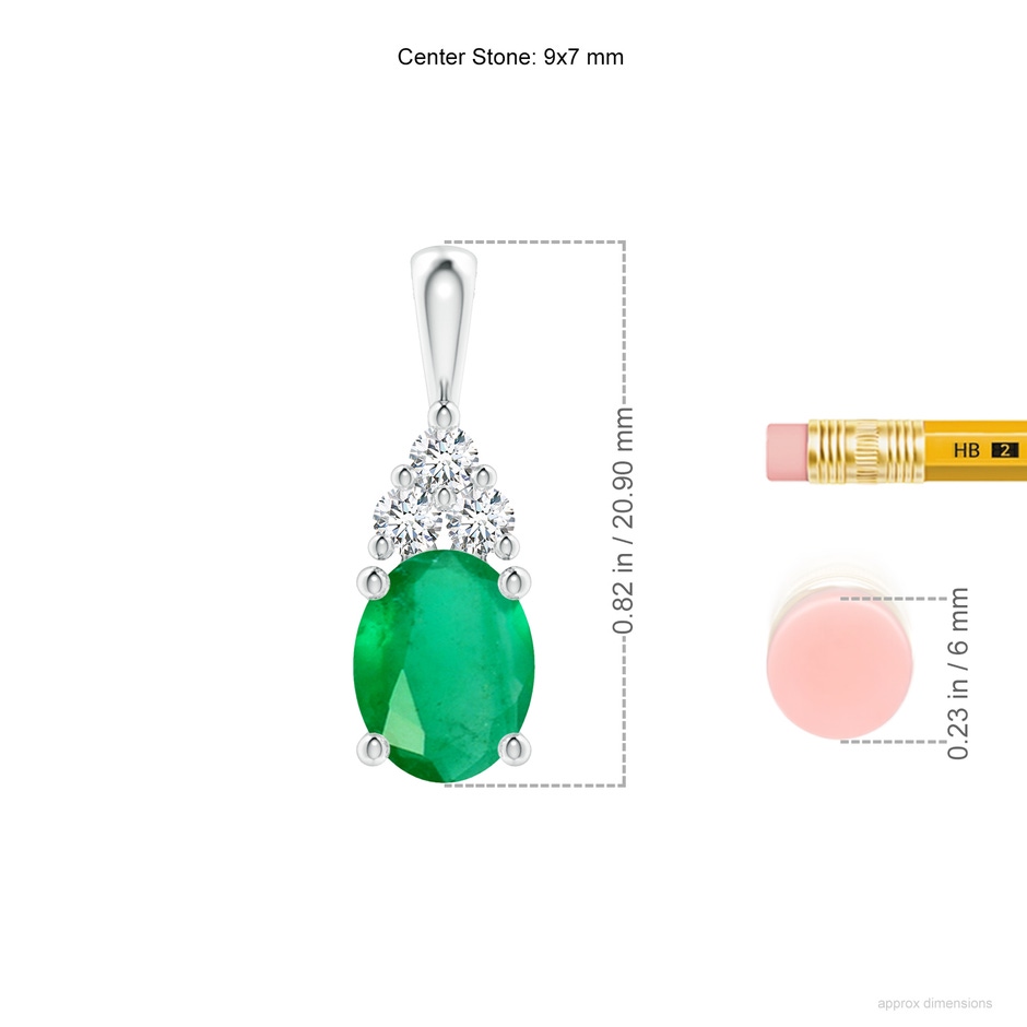 9x7mm A Oval Emerald Solitaire Pendant with Trio Diamond in White Gold ruler