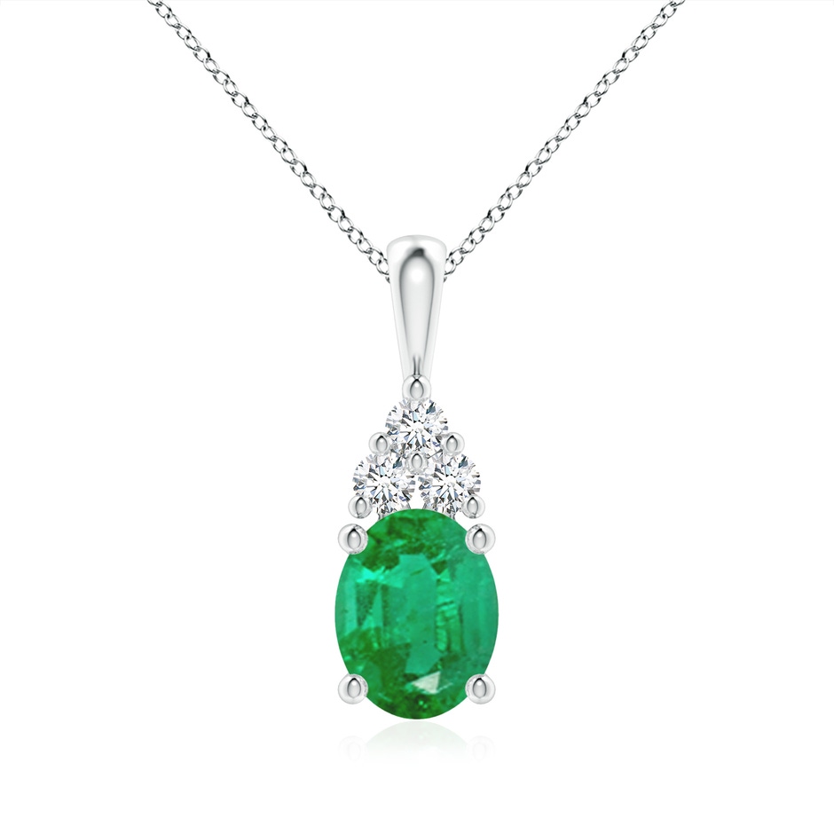 9x7mm AA Oval Emerald Solitaire Pendant with Trio Diamond in White Gold 