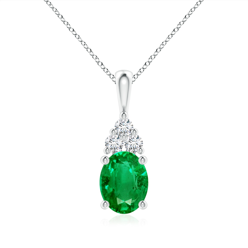 9x7mm AAA Oval Emerald Solitaire Pendant with Trio Diamond in White Gold 