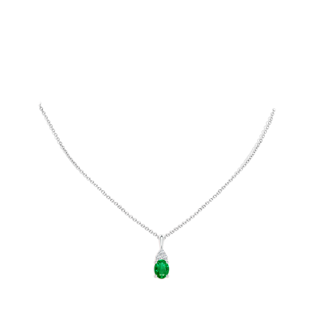 9x7mm AAA Oval Emerald Solitaire Pendant with Trio Diamond in White Gold pen