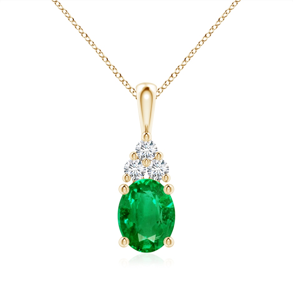 9x7mm AAA Oval Emerald Solitaire Pendant with Trio Diamond in Yellow Gold 