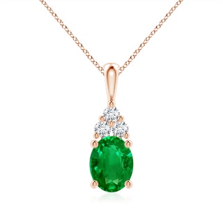 9x7mm AAAA Oval Emerald Solitaire Pendant with Trio Diamond in 18K Rose Gold