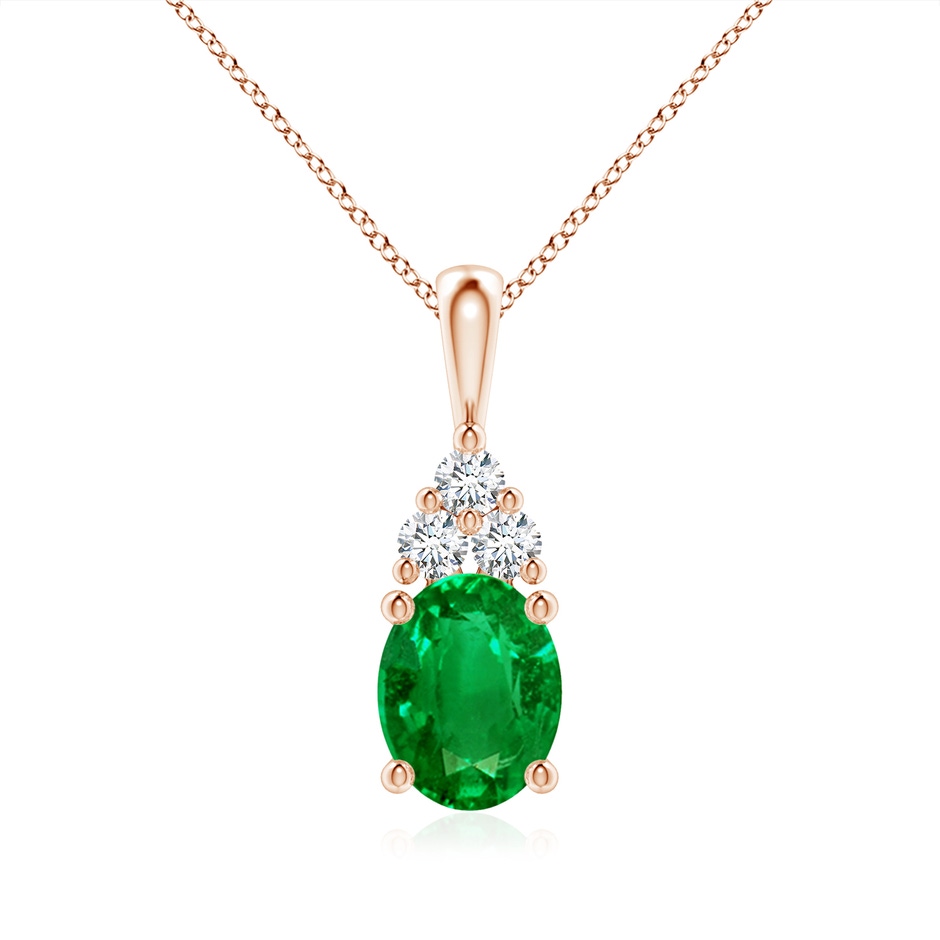 9x7mm AAAA Oval Emerald Solitaire Pendant with Trio Diamond in Rose Gold 
