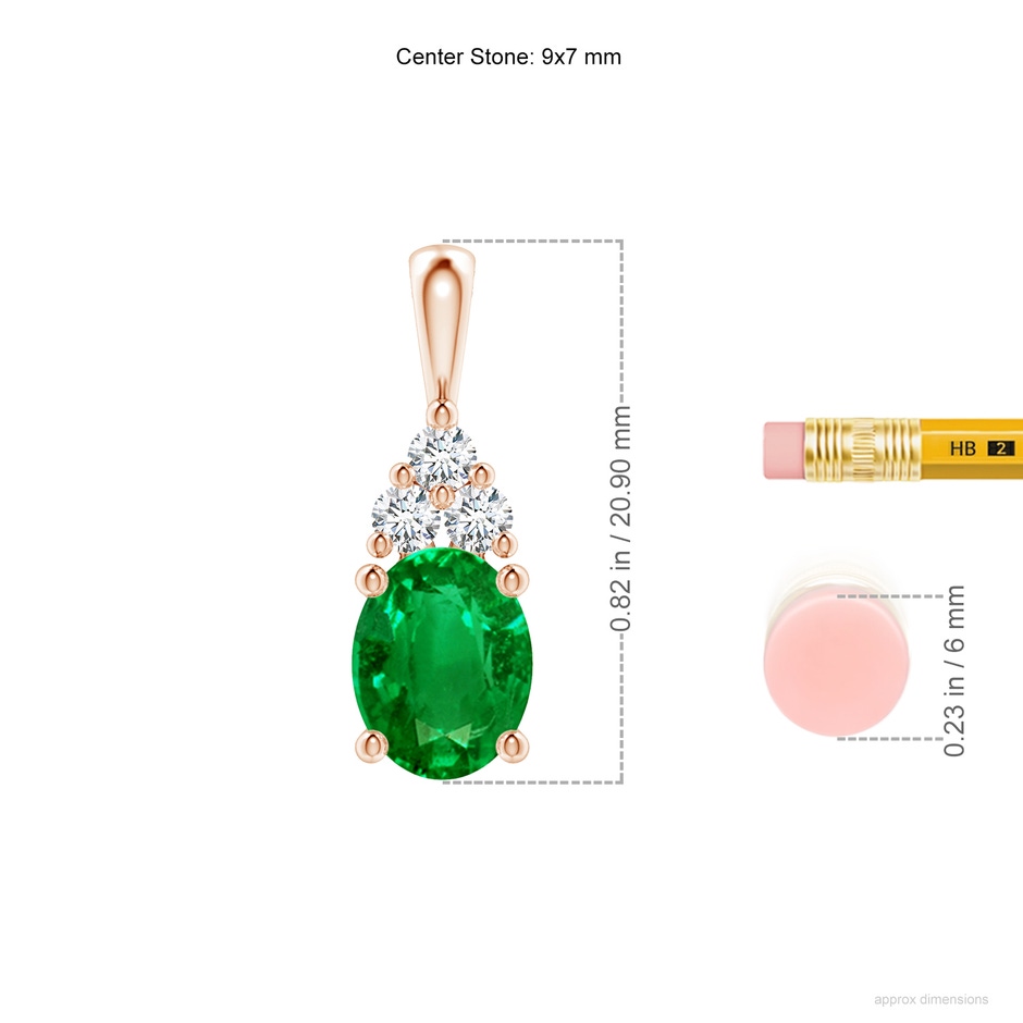9x7mm AAAA Oval Emerald Solitaire Pendant with Trio Diamond in Rose Gold ruler