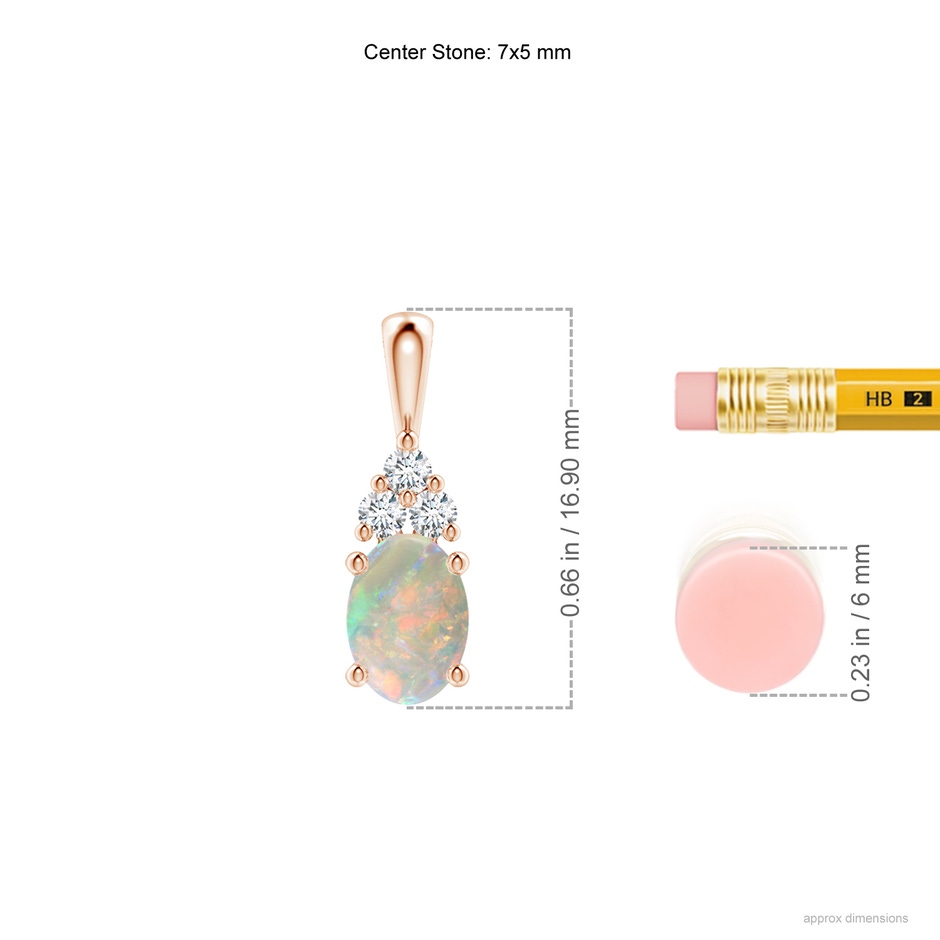 7x5mm AAAA Oval Opal Solitaire Pendant with Trio Diamond in Rose Gold ruler