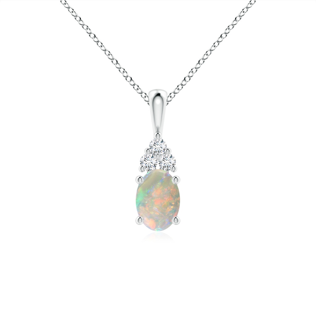 7x5mm AAAA Oval Opal Solitaire Pendant with Trio Diamond in White Gold