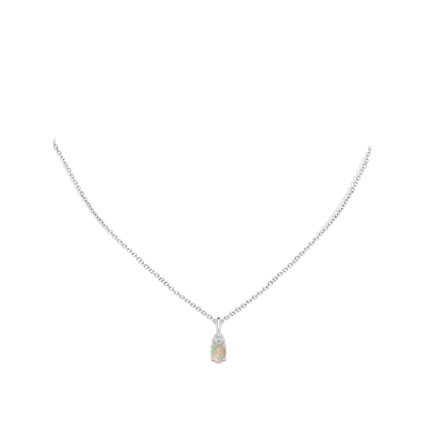 7x5mm AAAA Oval Opal Solitaire Pendant with Trio Diamond in White Gold - body_neck
