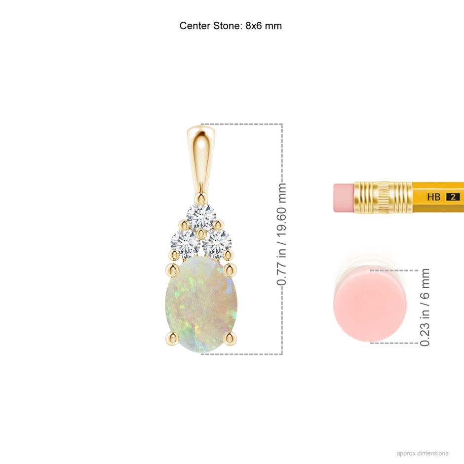 8x6mm AAA Oval Opal Solitaire Pendant with Trio Diamond in Yellow Gold ruler
