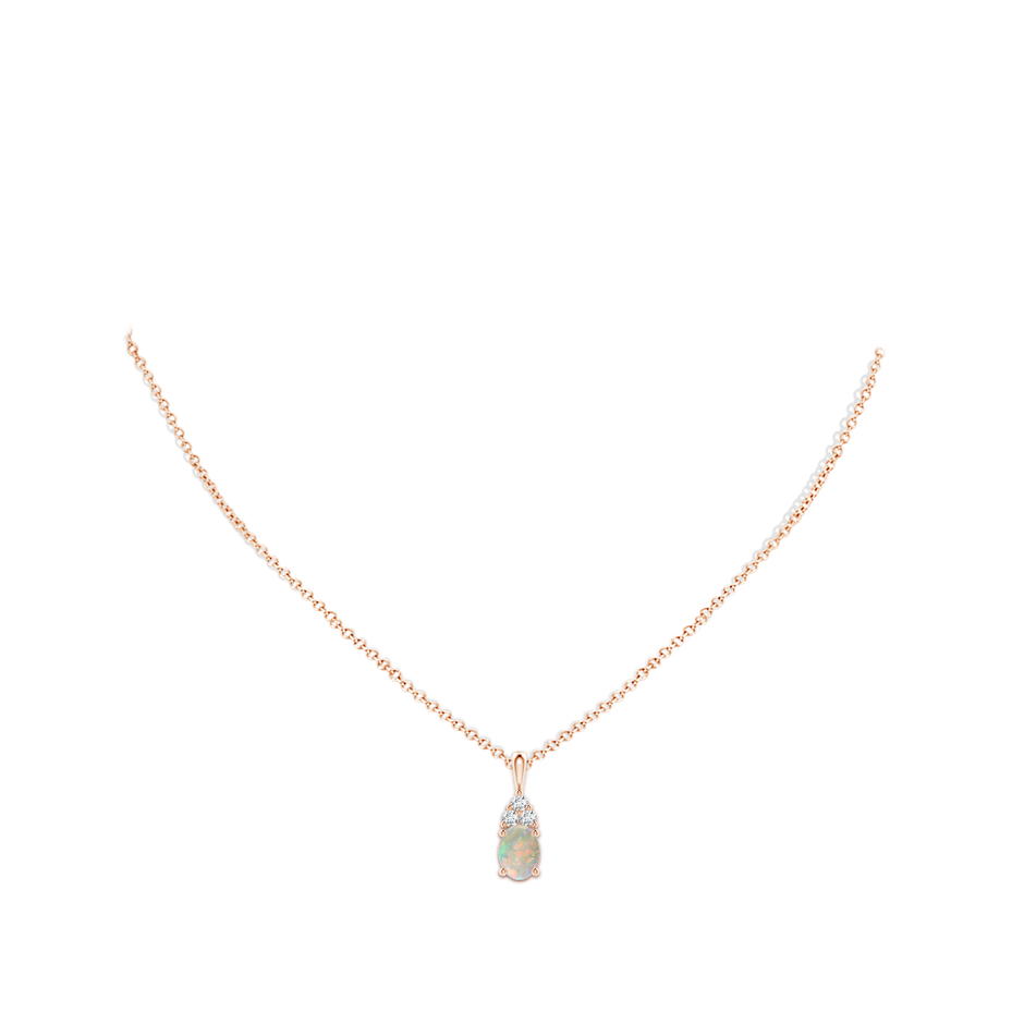 8x6mm AAAA Oval Opal Solitaire Pendant with Trio Diamond in Rose Gold body-neck