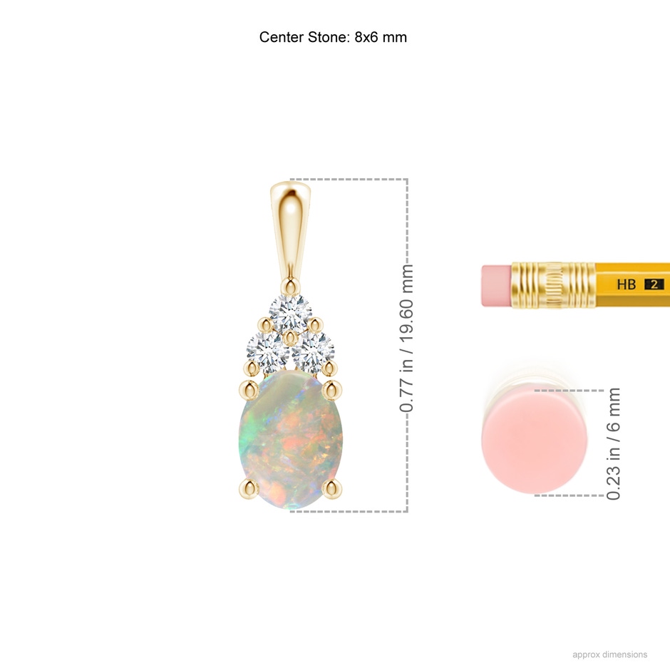 8x6mm AAAA Oval Opal Solitaire Pendant with Trio Diamond in Yellow Gold ruler