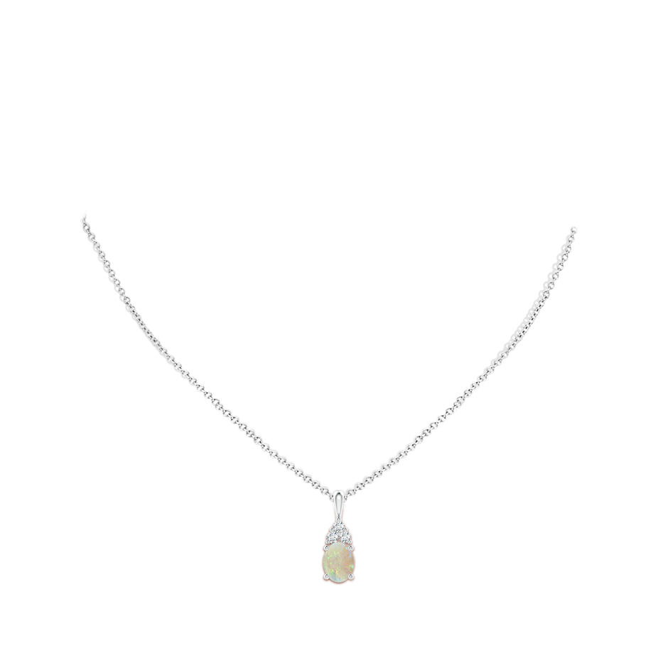 9x7mm AAA Oval Opal Solitaire Pendant with Trio Diamond in White Gold body-neck