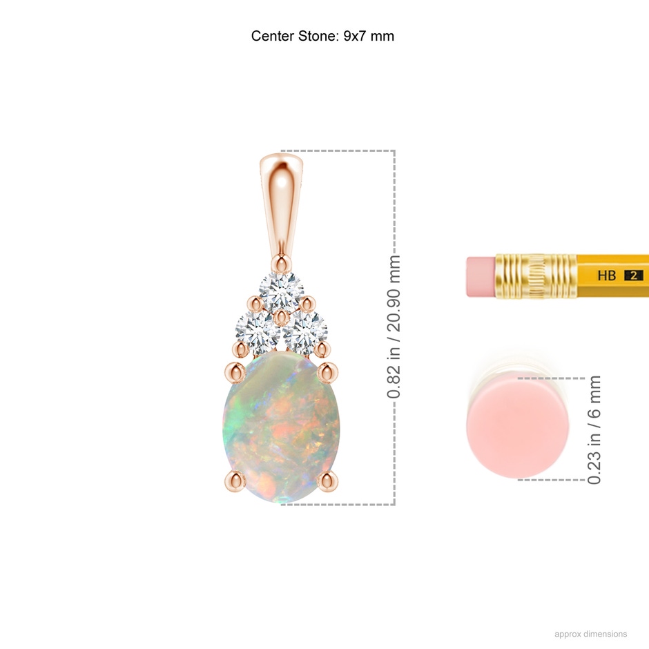9x7mm AAAA Oval Opal Solitaire Pendant with Trio Diamond in Rose Gold ruler