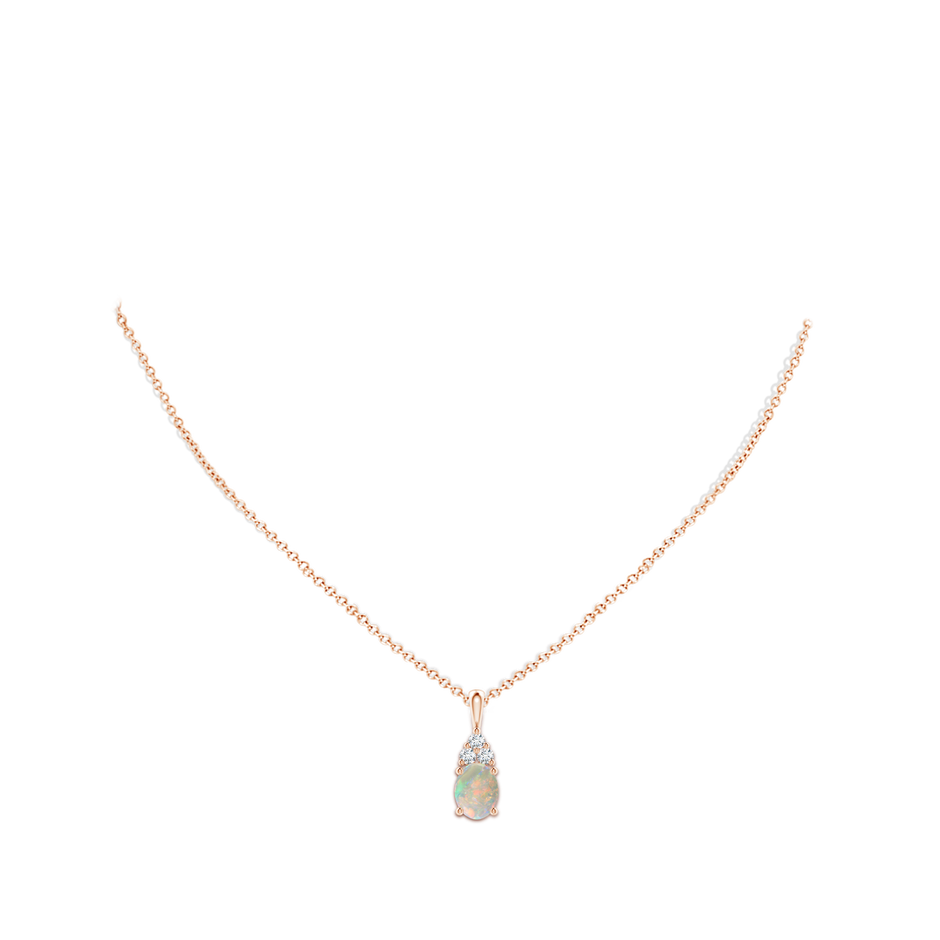 9x7mm AAAA Oval Opal Solitaire Pendant with Trio Diamond in Rose Gold body-neck