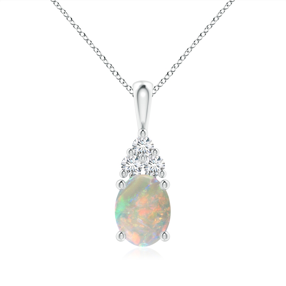 9x7mm AAAA Oval Opal Solitaire Pendant with Trio Diamond in White Gold 